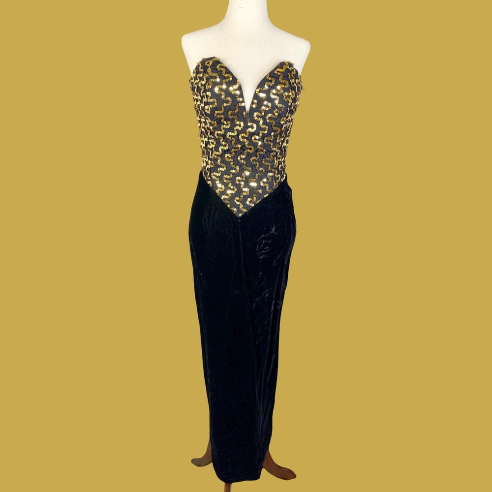 Vintage Gunne Sax Black Velvet Sequin Dress Formal Gown Modern XS Prom Goth